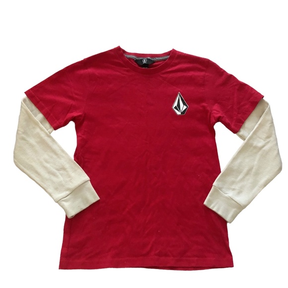 Volcom Red with Cream Thermal Sleeves Tee Shirt Boys S/8 - Picture 3 of 4